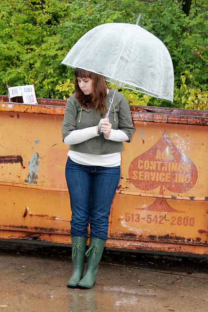 Rain outfit - wellies, jeans, sweater, umbrella
