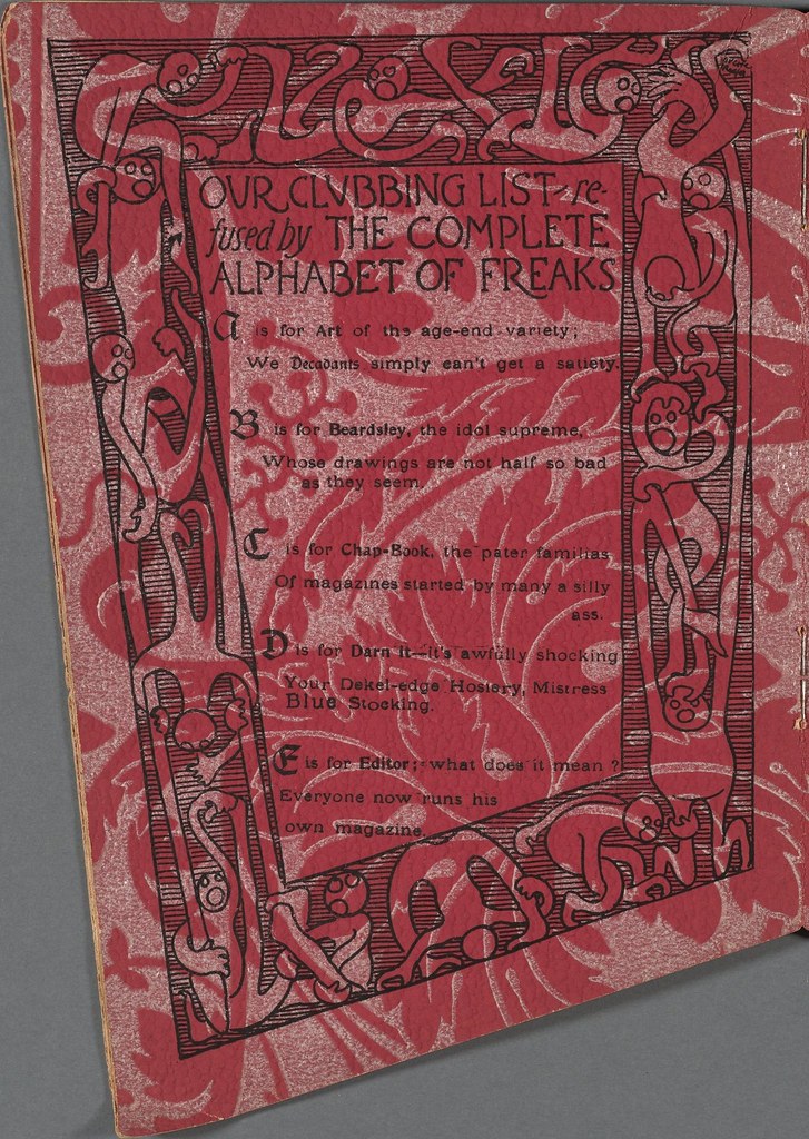 alphabetical list inside primitive figure border on red-patterned page