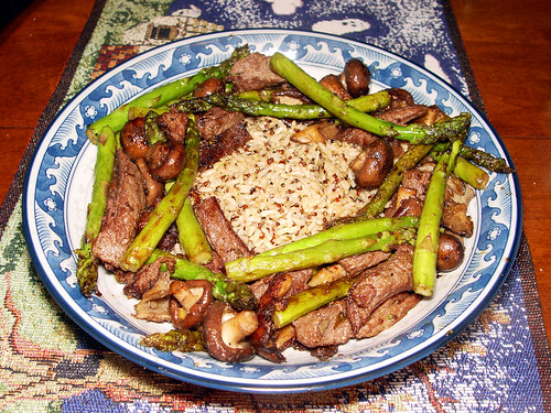 asparagus mushrooms rice steak tips