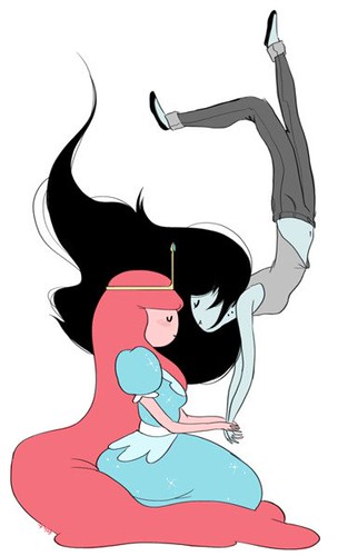 Bubblegum is seated as Marceline floats towards her, it looks like an intimate moment between these two cartoon characters.
