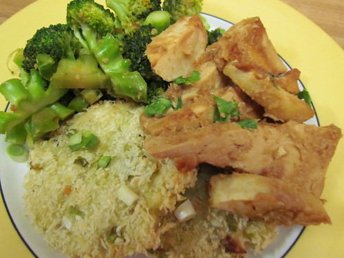 Apple-Miso Tofu; Scallion Potato Pancakes; Orange-Scented Broccoli