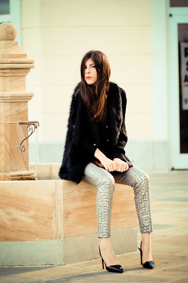 Armani Exchange Metallic Print Legging Jeans, Stella McCartney heels, Faux Fur vest, Olivia Palermo, Fashion Outfit