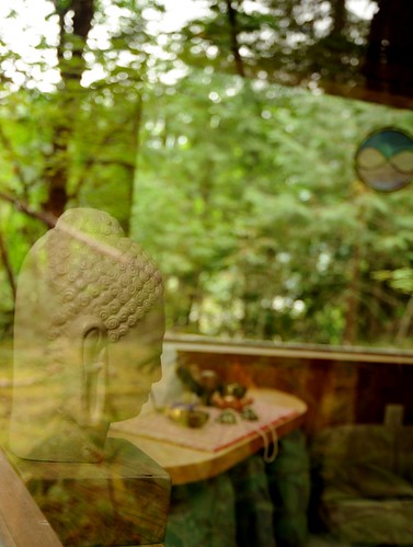 Buddha's reflection in the glass and trees, activity room, Breitenbush Hot Springs, Breitenbush, Marion County, Oregon, USA by Wonderlane