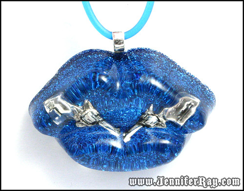 Loaded Pucker Necklace - 6 Shooter in Blue Glitter Resin Pucker Lips Necklace by JenniferRay.com