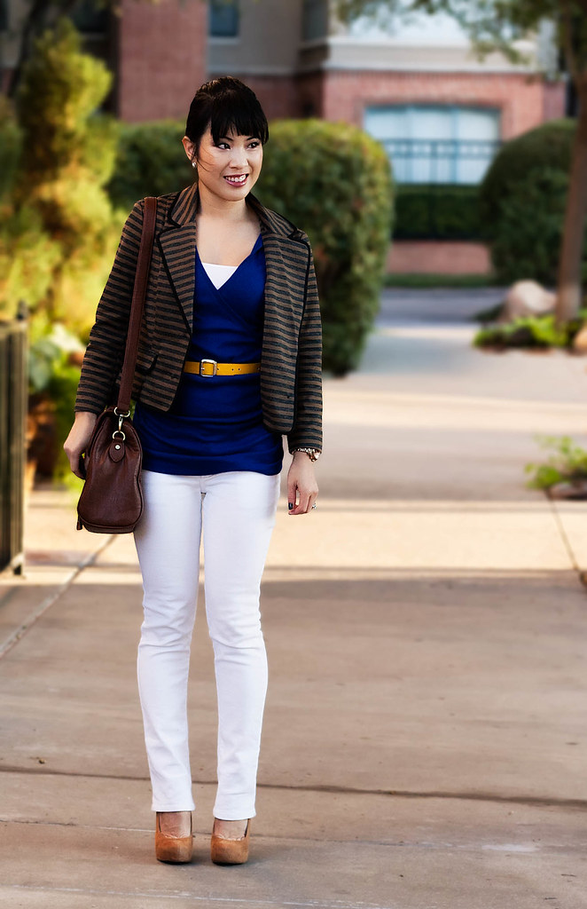 forever 21 striped blazer jacket, express ruched blue top, delias morgan white skinny jeans, bakers wild pair karen wp taupe pumps, gap yellow python belt, tjmaxx vieta lucille buckle satchel, forever 21 faceted bead drop gold cluster earrings, petite fashion challenge, vacation fashion