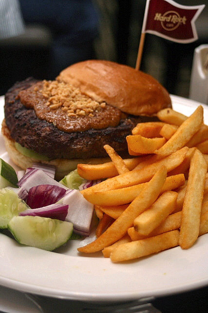 The Singapore Satay Burger served with cucumber, onions and fries