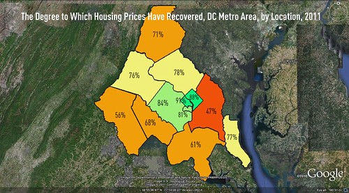 Housing recovery by jurisdiction, DC metro (underlying satellite map via Google Earth, markings by me)