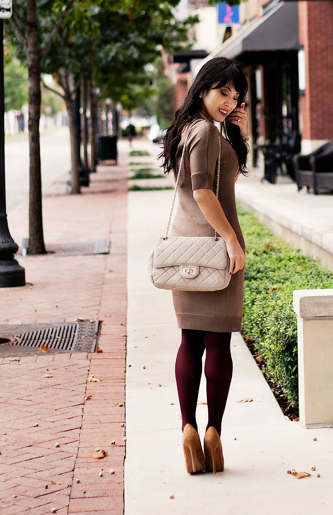 banana republic taupe dress, amrita singh teteo necklace, bakers karen wp taupe suede pumps, yesstyle beige quilted flap purse, michael kors rose gold small runway mk5430 watch, forever 21 burgundy tights