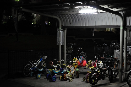 A midnight cycle parking area. 