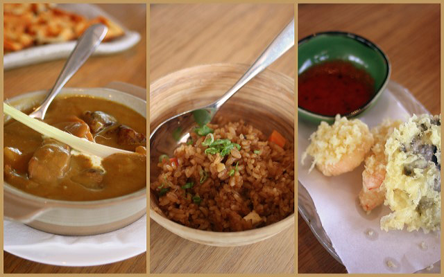 Japanese influenced dishes: braised australian black angus beef in house-blend curry; 'forty flavor' fried rice, and assorted vegetable tempura