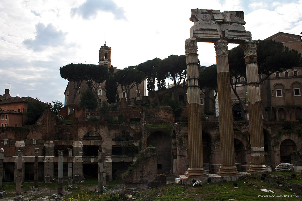 No primeiro plano, as três colunas restantes do Templo de Castor e Pólux, e as ruínas do Fórum de César. Dominando o fórum, reconhece-se a Câmara Municipal de Roma em cima do Capitólio.