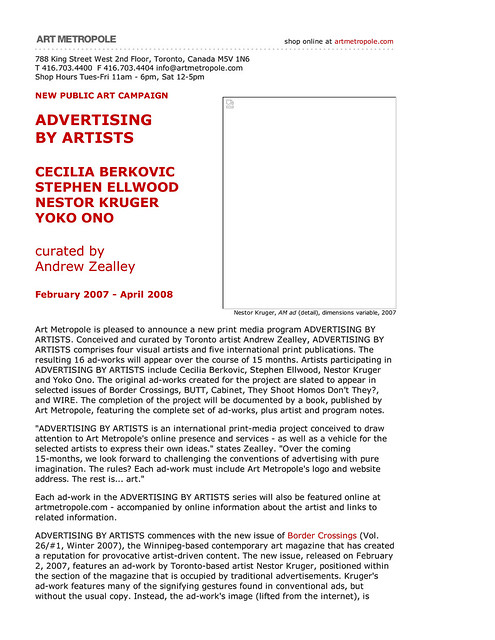 Press Release for "ADVERTISING BY ARTISTS", curated by Andrew Zealley, by Art Metropole, Feb 07 - April 08 - 1
