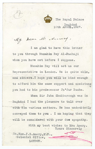 King Faisal of Iraq writes to Leo Amery, 1927