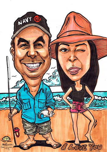 Couple caricatures fishing @ beach