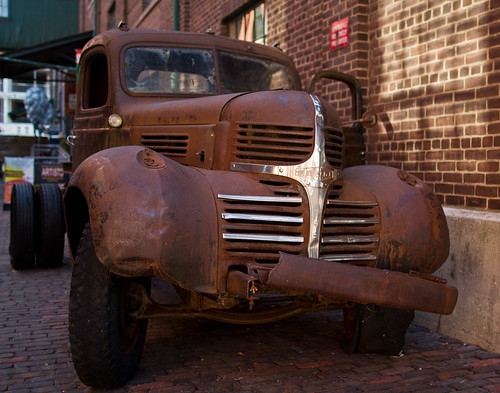 A shot of the old Dodge truck that sits parked in one of the paths of the 