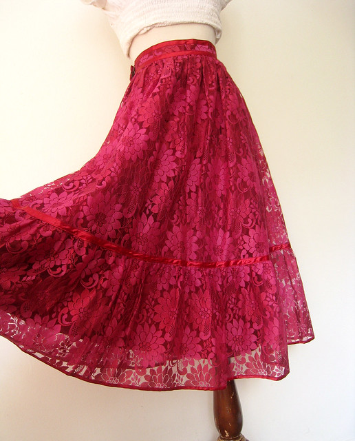 Cerise Pink Ruffled Lace Skirt, vintage 80s