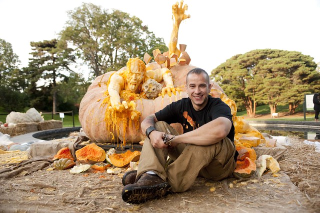 Ray Villafane and his pumpkin sculpture