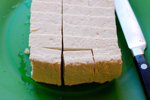 Sliced, drained tofu by Eve Fox, Garden of Eating blog, copyright 2011
