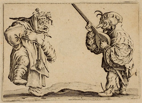 Callot. Woman dancing and Man playing stringed instrument. etching 1616 French. Met Mus. by tony harrison
