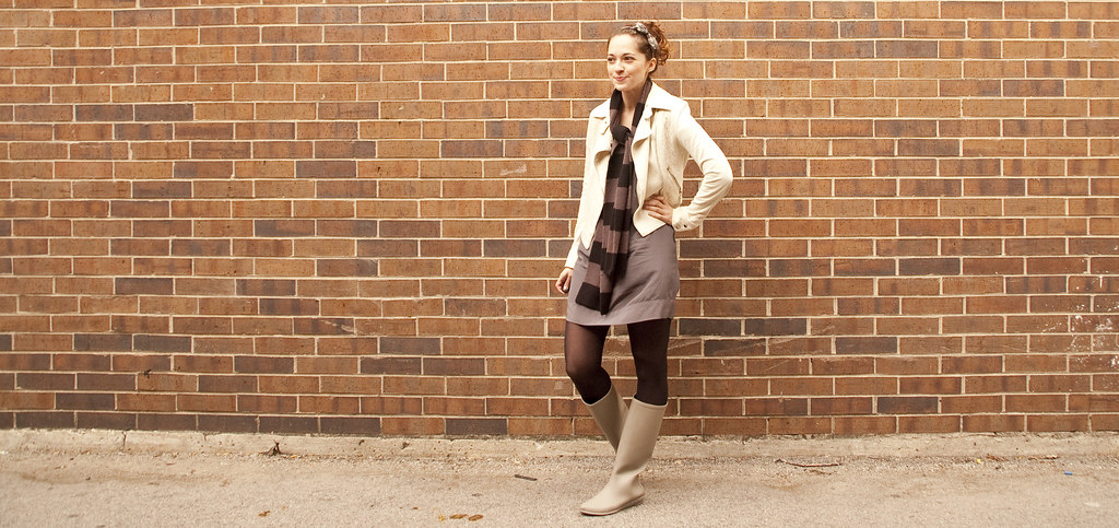 striped scarf, moto jacket, how to, style blog, c/fan, silk dress, gray, loeffler randall matilde boots, taupe rainboots, outfit blog