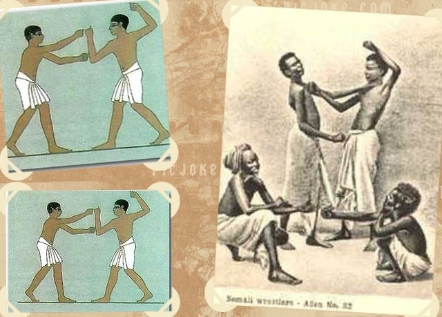 1920s Somali traditional postcard :Somali wrestlers same as kemetic Ancient-Egyptian martial artists in dress and pose .