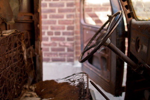 Interior shot of rusted old Dodge truck located at Distillery District