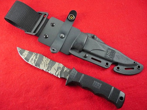 SOG SEAL Pup Elite 4.85" TigerStripe Black TiNi Combo Edge Blade with Kydex Sheath