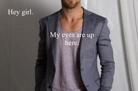 feminist ryan gosling wearing crew neck striped shirt and a blazer saying "hey girl, my eyes are up here."