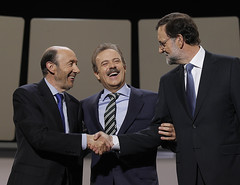 Rubalcaba, Campo Vidal y Rajoy en el debate