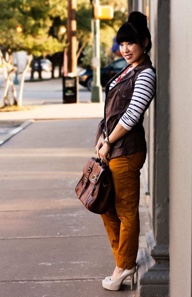 windsor store dried berry cargo vest, loft breton striped shirt, h&m mustard pants, sole society marco santi dash nude pumps, gap brown leather belt, tjmaxx vieta lucille brown satchel, butter london wallis, mac illegal cargo eyeshadow, ysl royal blue arty ring, mk5430 michael kors rose gold small runway, the limited coral gold multistrand necklace