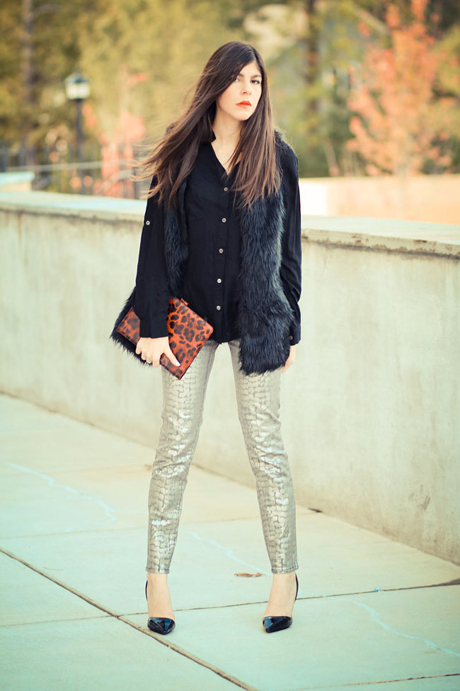 Armani Exchange Metallic Print Legging Jeans, Stella McCartney heels, Faux Fur vest, Olivia Palermo, Fashion Outfit