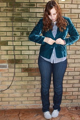 Dandy outfit - gap jeans, vintage teal velvet blazer, striped canvas shoes