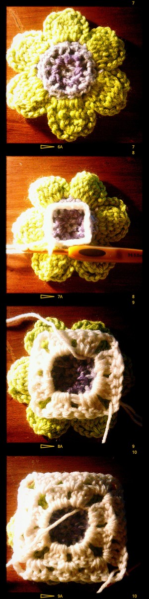 crocheting a granny square behind a flower