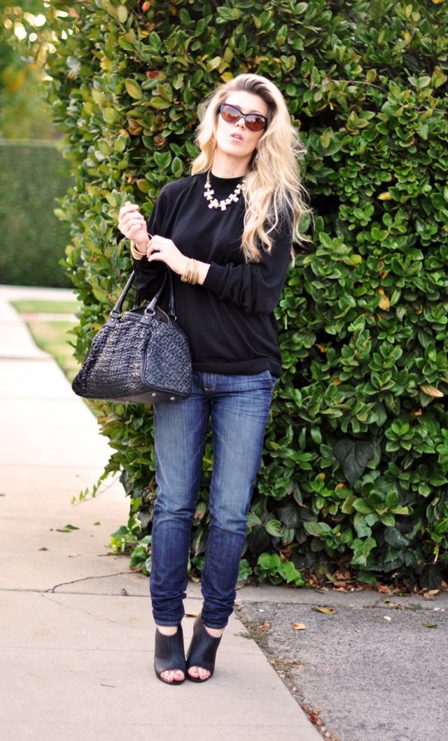dressed up jeans and a sweater  +  cat eye sunglasses
