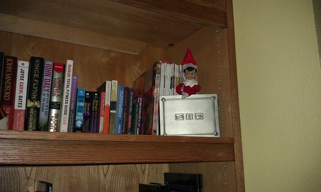 Elf-on-the-Shelf Day 1: Hes got lotsa hidey holes on our big bookshelf!