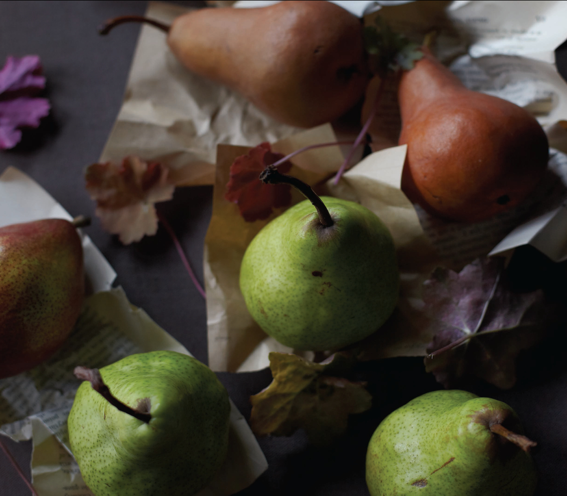 dark fall colors, gray, blue, pears, thanksgiving