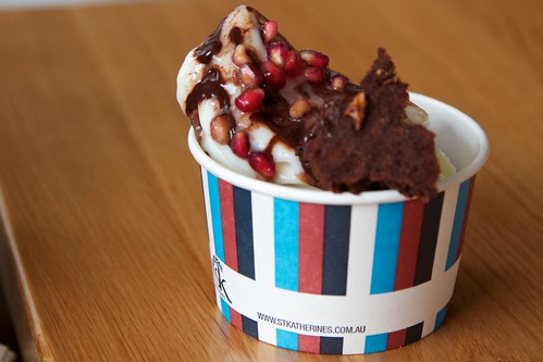 Ice cream with salted caramel, pomegranate brownie and chocolate pomegranate sauce