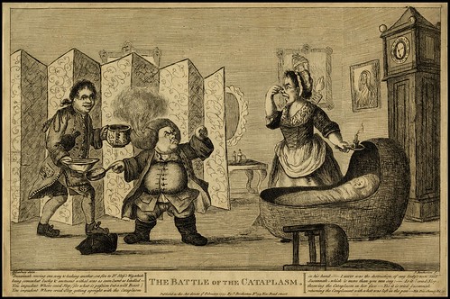 domestic room engraving with bassinet, short fellow with fire in his wig and lady holding nose