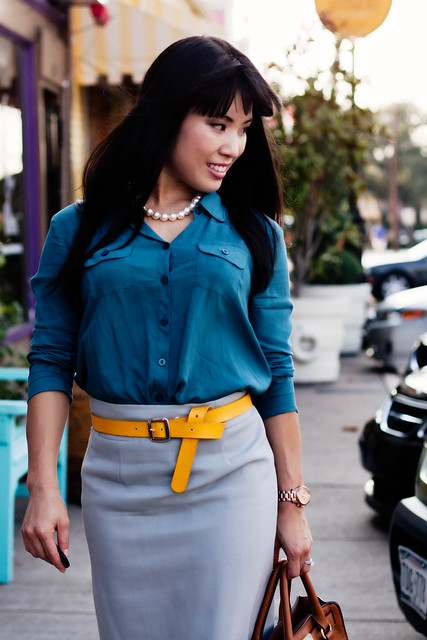 urban outfitters cooperative loose button-up crop shirt j. crew wool crepe pencil skirt cool dusk mk5430 gap mustard snakeskin belt forever 21 mustard pumps pearl necklace melie bianco madison