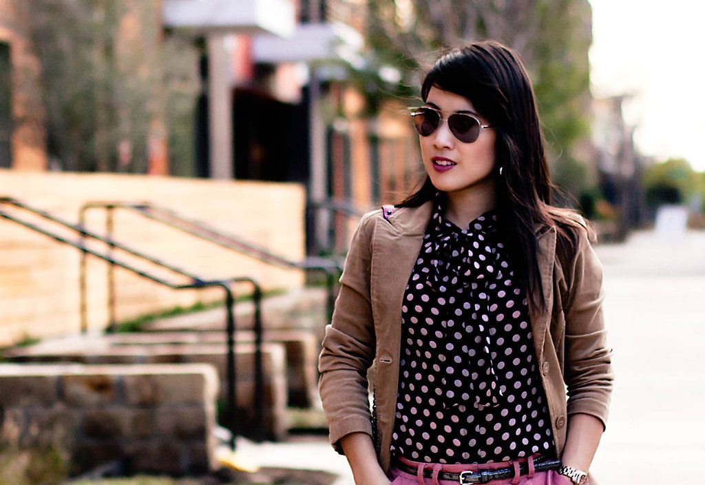 rampage corduroy blazer, forever 21 polka-dot pussybow blouse, forever 21 pink woven shorts, charlotte russe metallic silver belt, bakers wild pair tan suede pumps, 39dollar glasses aviator sunglasses, rebecca minkoff magenta mac clutch, michael kors rose gold small runway watch mk5430