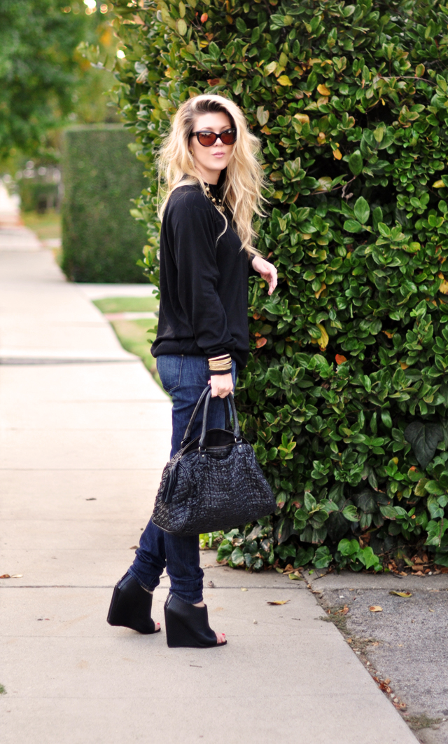 black and denim + jeans +sweater+accessories