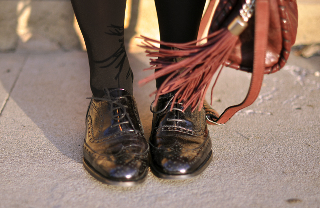 black patent oxfords with tights-burgundy bag with tassel