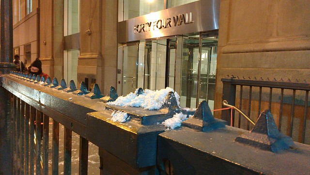 Fake snow piled on the subway entrance