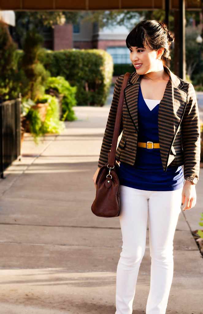 forever 21 striped blazer jacket, express ruched blue top, delias morgan white skinny jeans, bakers wild pair karen wp taupe pumps, gap yellow python belt, tjmaxx vieta lucille buckle satchel, forever 21 faceted bead drop gold cluster earrings, petite fashion challenge, vacation fashion