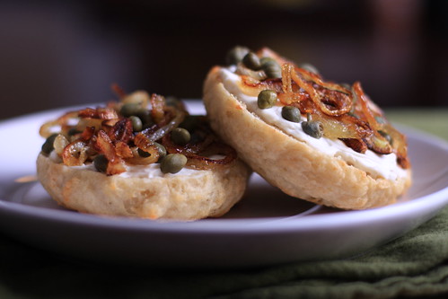 Homemade Bagels with Tofutti, Capers and Caramelized Shallots