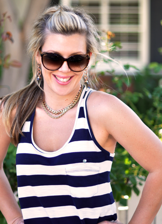 blue and white striped tank   +  chains and gucci sunglasses