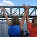 Sharon Yule and Twyla approaching the Iron Bridge