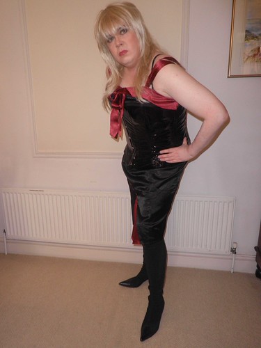 Satin Red Costume, Leather Boots, Nylons and Corset