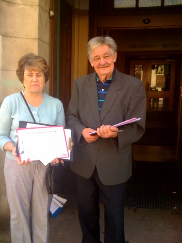 Councillor Liz Philips and campaigner Clyde Kitson outside the Library