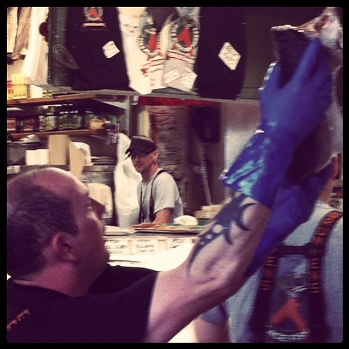 Masculine triumph! The famous fish throwing at Pike Place, Seattle